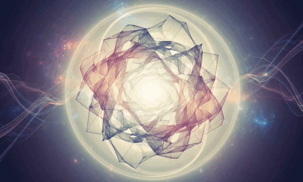 Le Lien Spirituel de l'Autisme : Une composition abstraite de formes géométriques translucides et de lumières douces, entourée d'ondes et de points lumineux, évoquant une perception sensorielle et spirituelle unique.