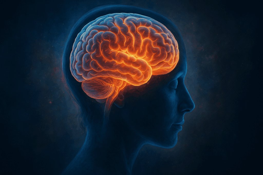 Origine du cerveau humain : Illustration du cerveau humain en lumière orange, symbolisant les potentiels latents et les connexions multidimensionnelles