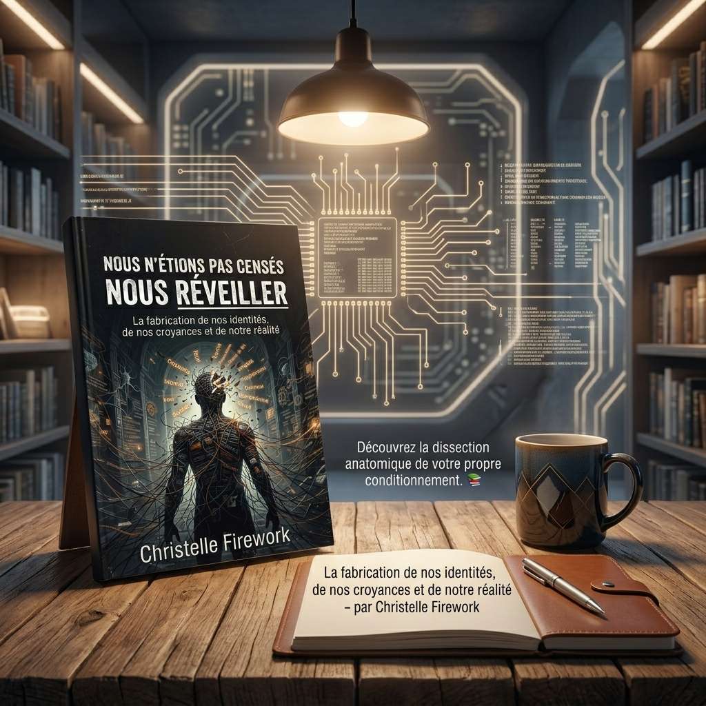 Couverture du livre Nous n'étions pas censés nous réveiller par Christelle Firework présenté sur un bureau avec un carnet
