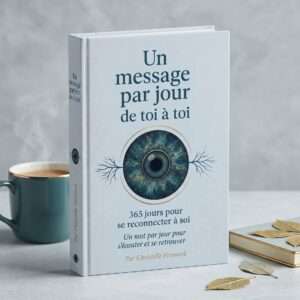 Couverture du livre Un message par jour de toi à toi de Christelle Firework, illustration d'un œil bleu entouré de motifs végétaux à côté d'une tasse à café